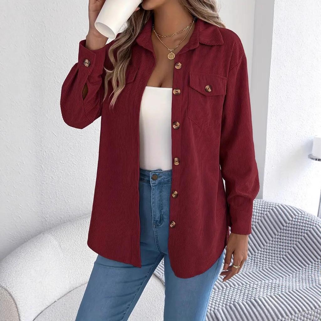 Solid Corduroy Long Sleeve Single Breasted Loose Fit Shirt Coat