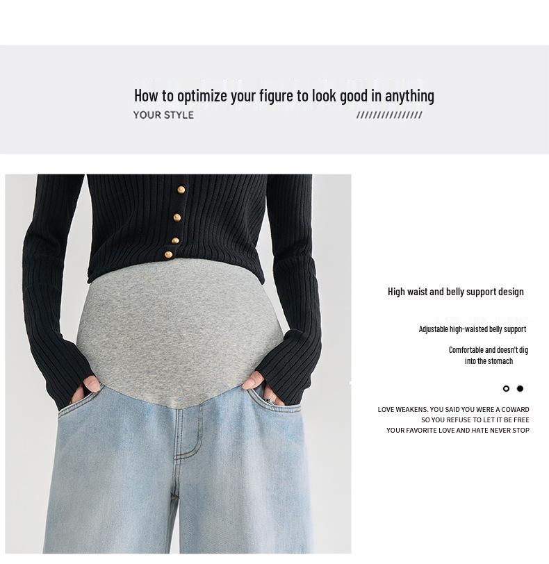 Maternity Fleece Support Jeans: Autumn/Winter Loose Straight-Leg 9-Point Slimming Pants for Pregnant Women