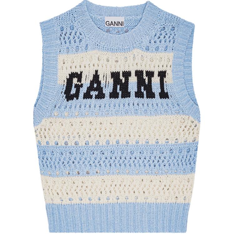Ganni Ss25 Striped Logo Round Neck Sleeveless Vest Women tops Blue K2486326