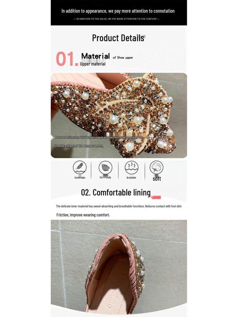 2025 Summer Women's Pointed Toe Bow Mary Jane Flats with Pearls & Rhinestones