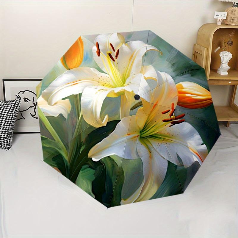 White Lily Flower 5 Fashion Automatic Folding Umbrella - Windproof & -Protected, 8-Rib Durable Design for Commuting, Outdoor A