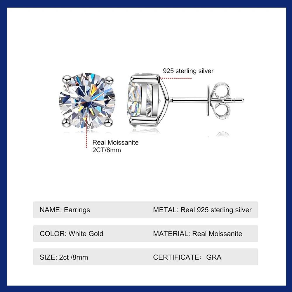 D Color 2 Carat  Moissanite Earrings 925 Sterling Silver 8mm Round Cut Lab Diamond Stud Earring for Women Men with Certificate