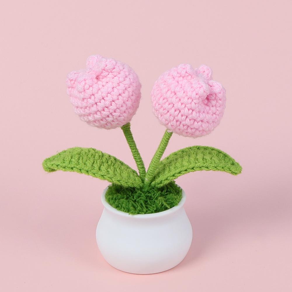 Tulips Crochet Flower Potted Cerative Handmade Knitted Flowers Artificial Flowers Decoration Car Desktop Home Decor