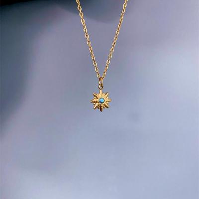 Colar Retro Estrela de Oito Pontas em Ouro 18K com Turquesa Azul - Gargantilha Popular Europeia/Americana para Mulheres
