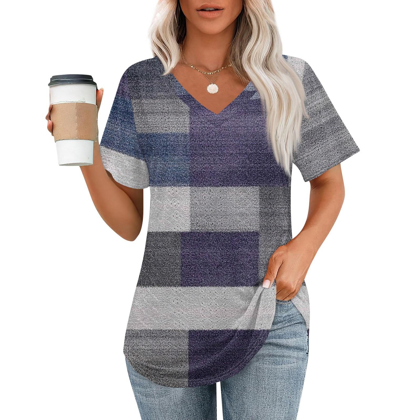 

Женские футболки с V-образным вырезом и коротким рукавом, повседневные топы свободного кроя, базовые футболки с закругленным подолом XL фиолетовый