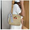Fashion Cherry Shoulder Bag Beige Khaki Weaving Pattern Straw Bag Leather Handle Handbag Daily Use