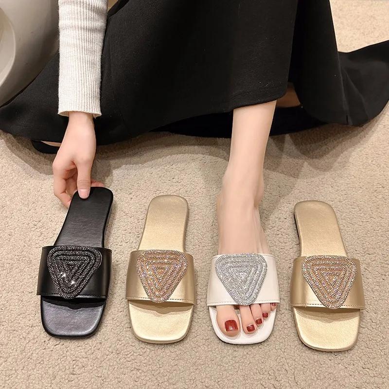 Crystal Women Flats Slippers Summer Open Toe Beach Flip Flops Summer 2025 New Luxury Shoes Outdoor Sandals Femme Slides