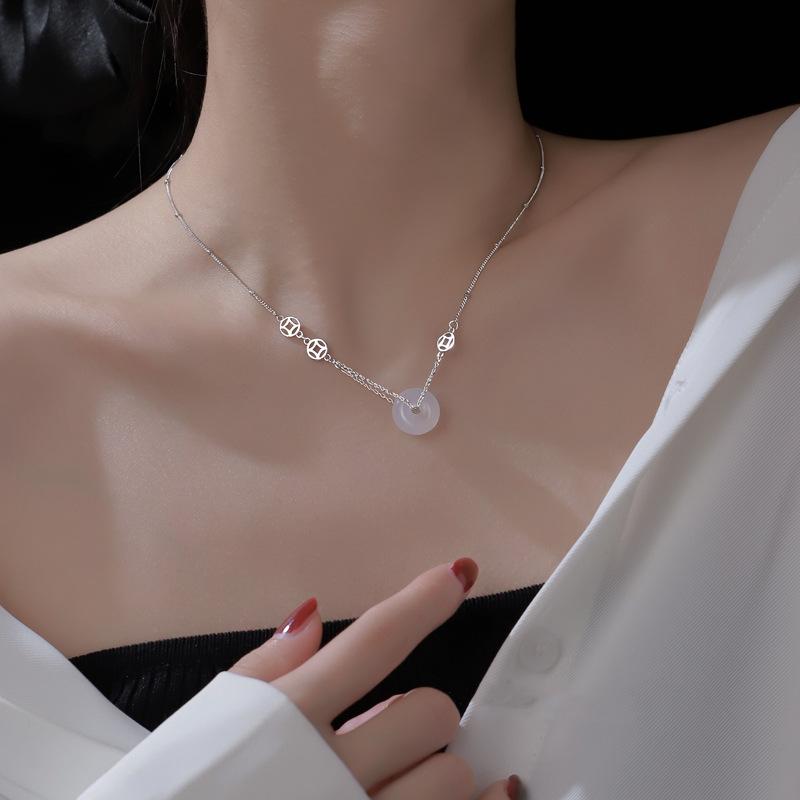 Copper Coin Safety Buckle Necklace Women'S Light Luxury Country Tide White Chalcedony Pendant Coin Hetian Jade Collarbone Chain Gold