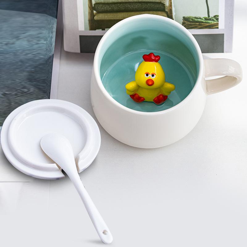 3D Animal Inside Mug, Funny Ceramic Cup, Coffee Mugs with Lid and Spoon, Milk Tea, Breakfast Cups