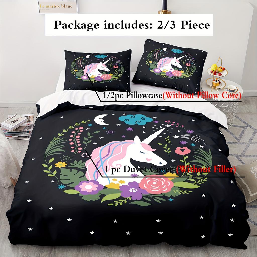 Modern Minimalist Night Sky Unicorn Duvet Cover Set - Soft Polyester, Washable, All-Season Comforter with Vibrant Starry Design