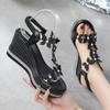 Fashion Fashion Crystals Butterfly Wedges Sandals Women Summer Chunky Platform Elastic Band Sandles Woman Pearls High Heels Sandalias 43