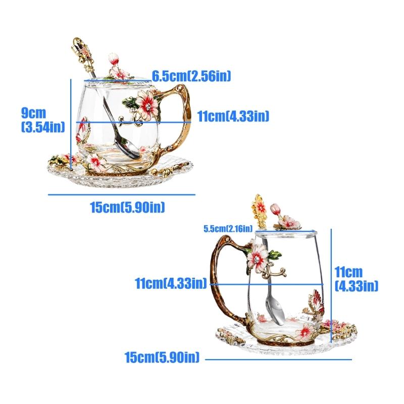 Clear Glass Tea Cup Set with Lid Spoon and Tray, Butterfly Cup Service for Breakfast Beverage and Household Use