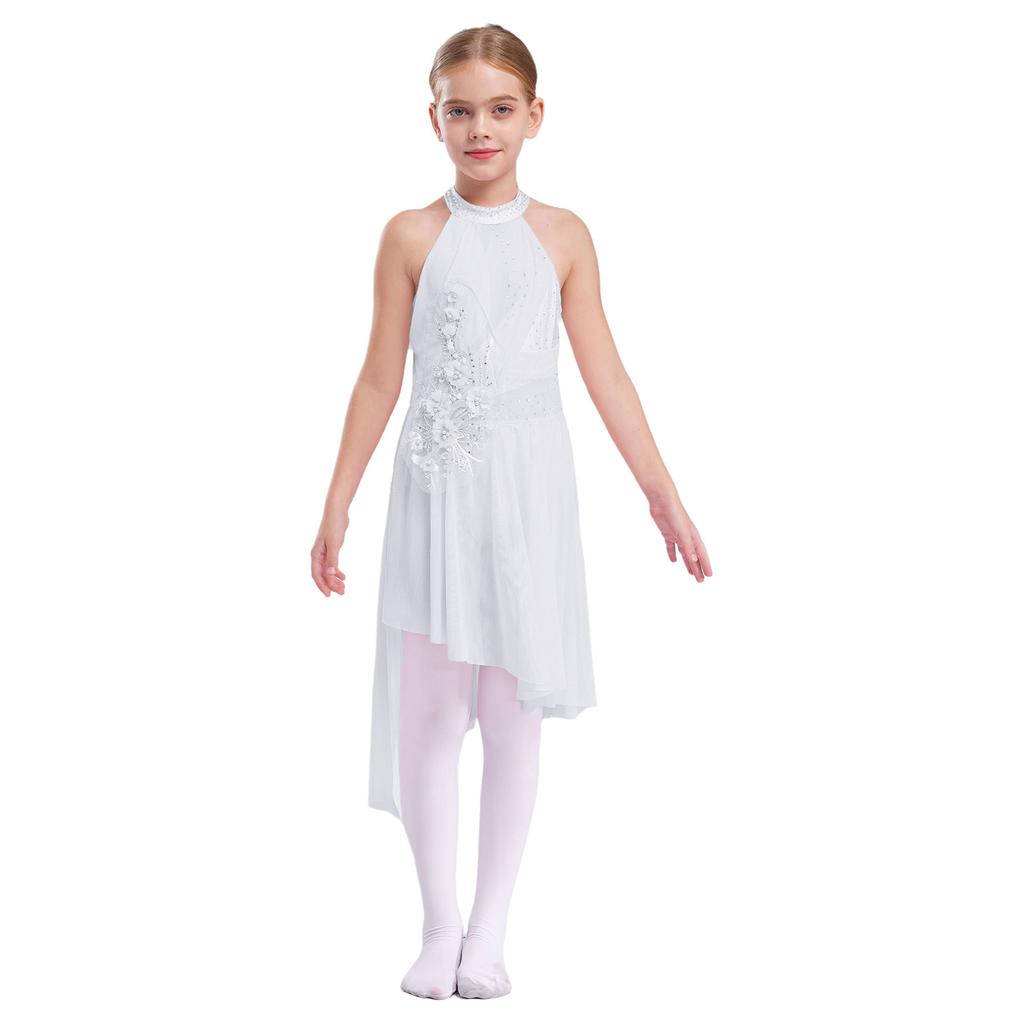 Dziewczęca Błyszcząca Sukienka Liryczna do Tańca Bez Rękawów z Nieregularnym Dołem i Błyszczącymi Cyrkoniami Strój do Tańca Baletowego