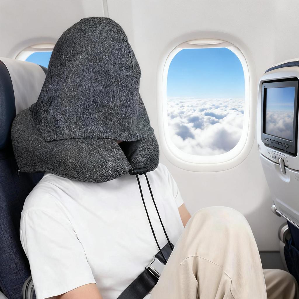 Memory Foam Hooded U-Shaped Travel Pillow with Detachable Cover Portable Neck Support for Airplane Office Nap Car and Home Use