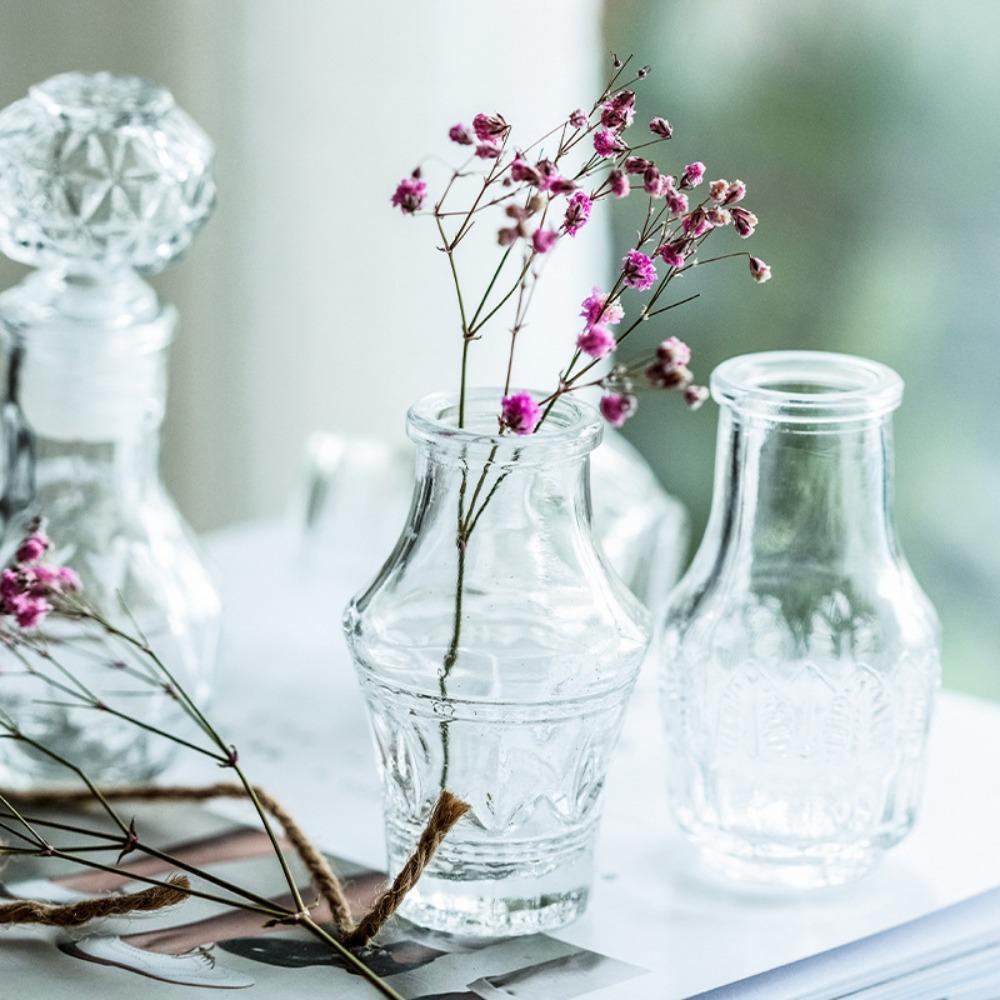 10PCS/SET Retro Relief Mini Glass Vase European Style Crystal Clear Small Vase Set Decorative Elegant Flower Holder