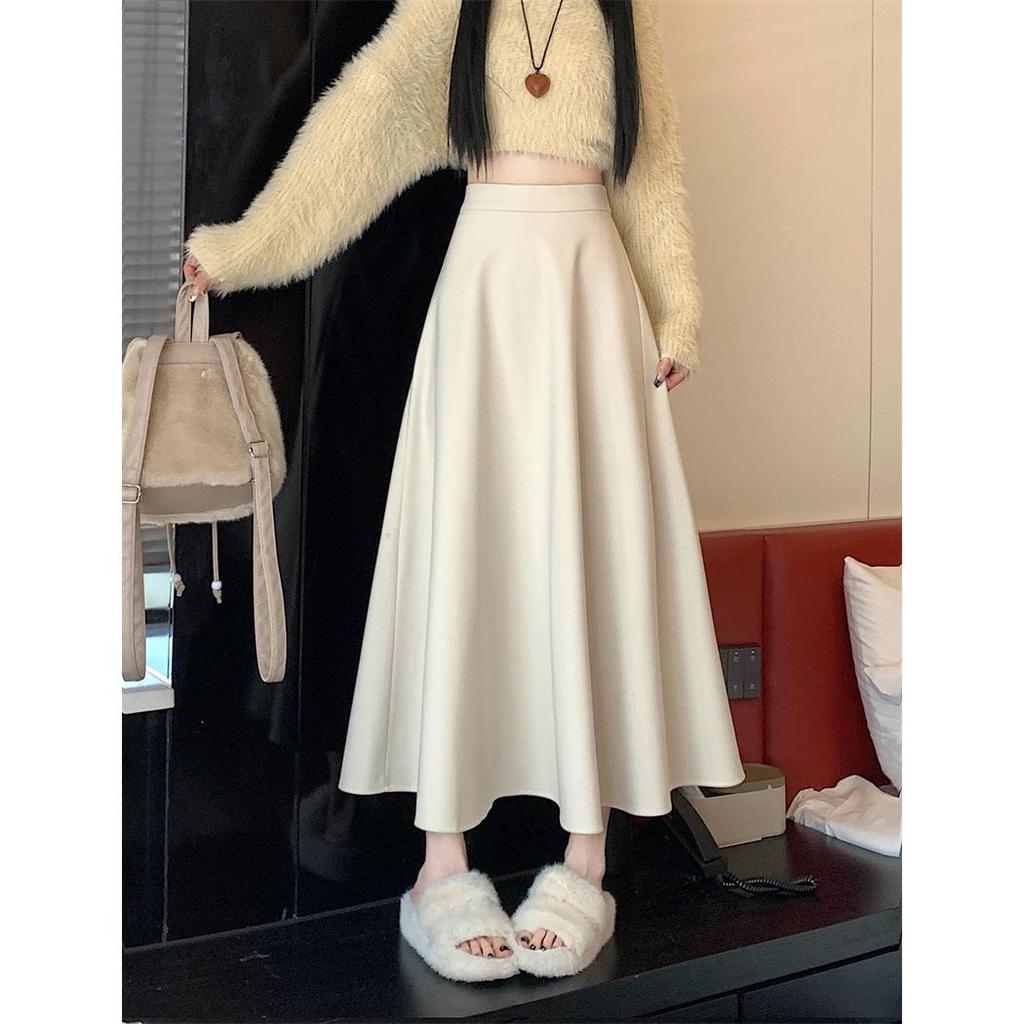 White High Waist Woolen A-line Pleated Skirt for Women - Long, Thickened, and Perfect for Autumn/Winter
