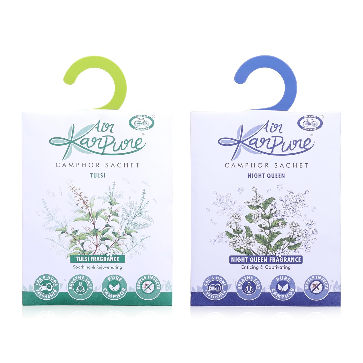 

Cycle Pure Karpure Камфорные саше Упаковка из 2 штук Ночная королева, Тулси Освежитель воздуха для дома, гардероба, офиса, автомобиля