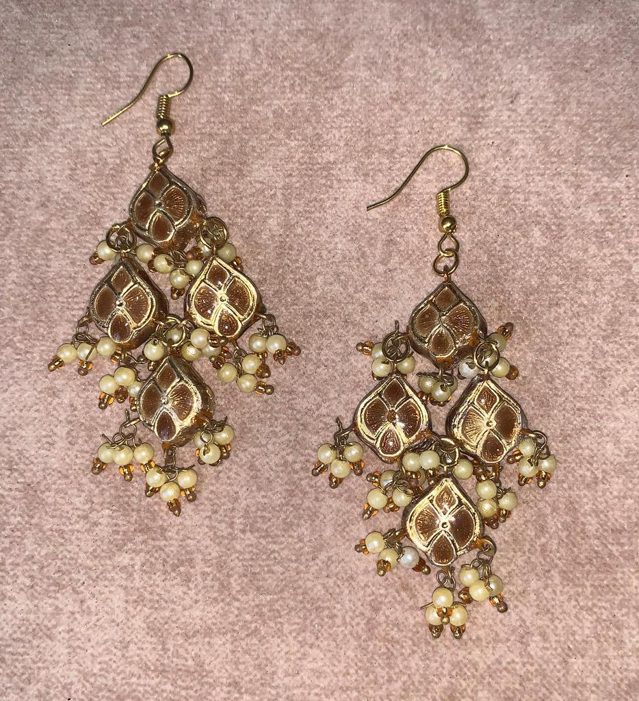 Indian Handmade Drop Earrings Gold Finish Beads Lacquer Kundan Jewelry