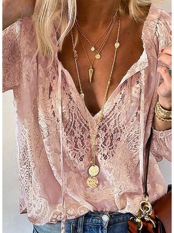 European-American Lace Print Loose-Fit Pullover Shirt