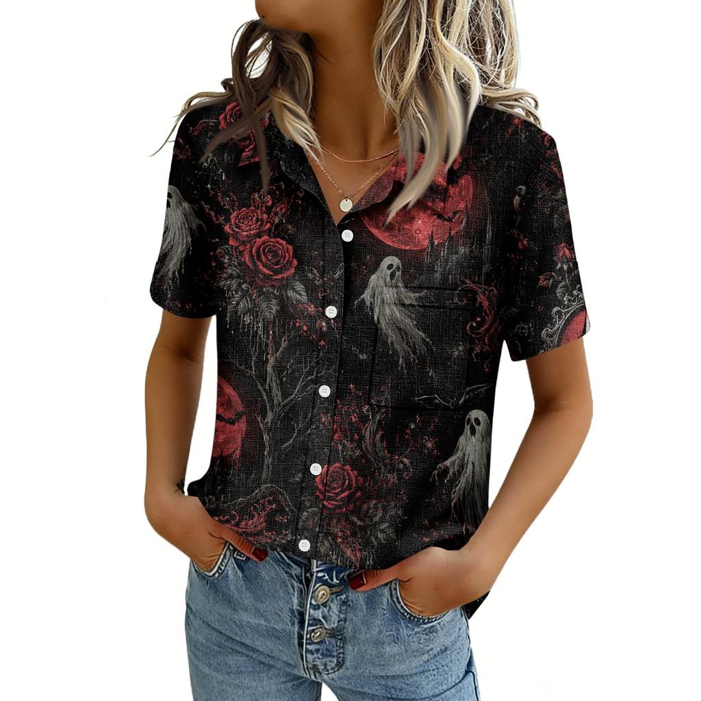 Women's Casual Short Sleeve Button Down Shirt with Pocket for Independence Day