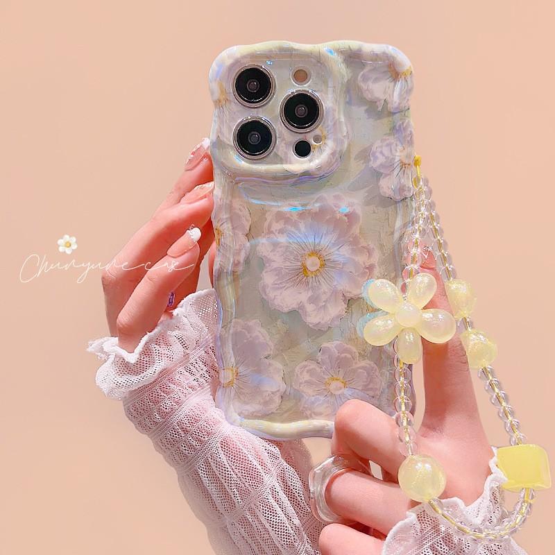 Floral TPU Phone Case IPhone 16 Pro Max With Detachable Flower Rope Strap Blue Purple Green