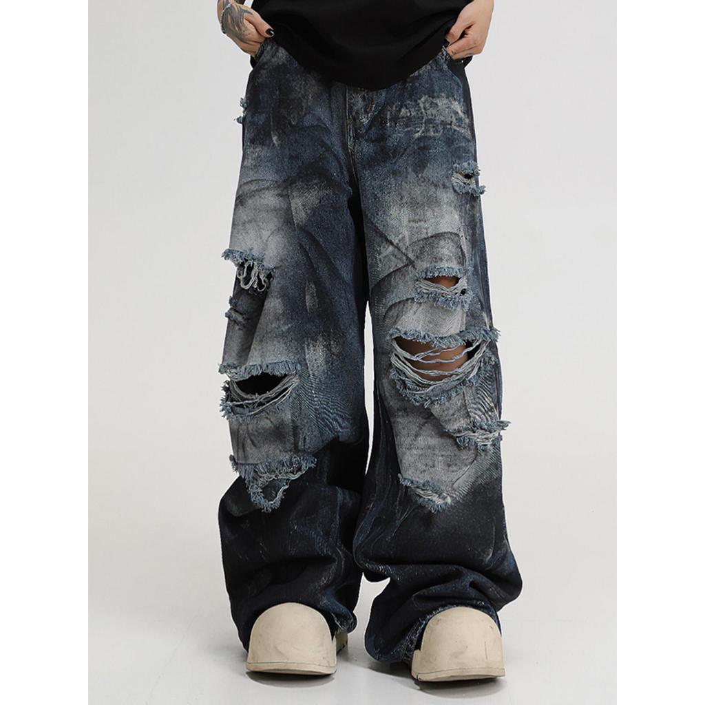 Tie-dye ripped jeans men's straight loose wide-leg American high street vibe pants trendy brand ruffian handsome beggar trousers