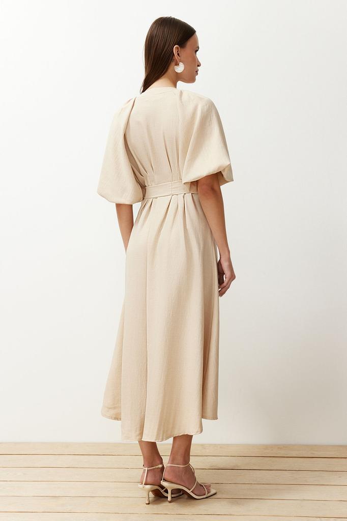 Women's Fashion Linen Look Woven Shirt Dress with Stone Belt and Half Balloon Sleeves