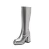Silver Gold Knee High Boots Women 2024 Four Seasons 10cm Chunky Heels Shoes Square Toes Long Booties Big Size 48 Botas Mujer