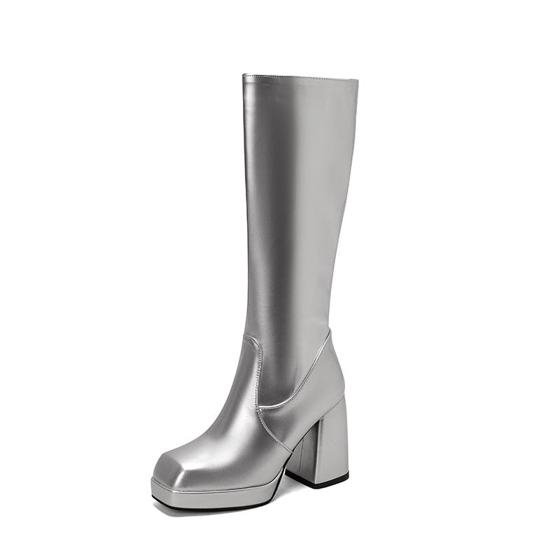 Silver Gold Knee High Boots Women 2024 Four Seasons 10cm Chunky Heels Shoes Square Toes Long Booties Big Size 48 Botas Mujer