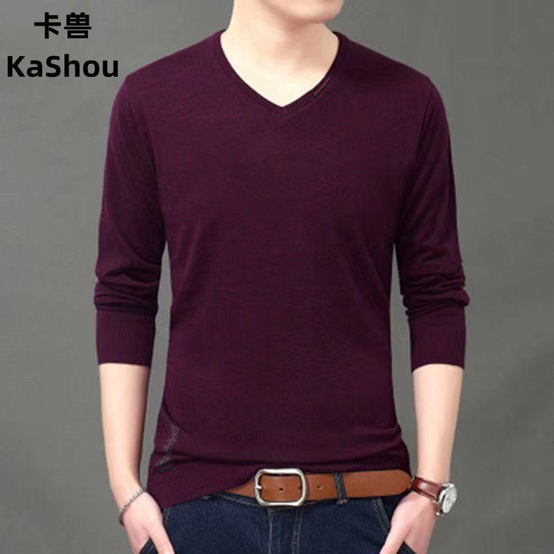 2023 New Spring and Autumn Thin Simple Casual Thread V-neck Long Sleeve Solid Oversized Men's Knitted Underlay Pullover Sweater