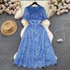 Abito Estivo Donna Vintage Casual in Pizzo Scollo O Manica a Farfalla Zip Gancio Fiore Intrecciato Slim Ricamo Lungo