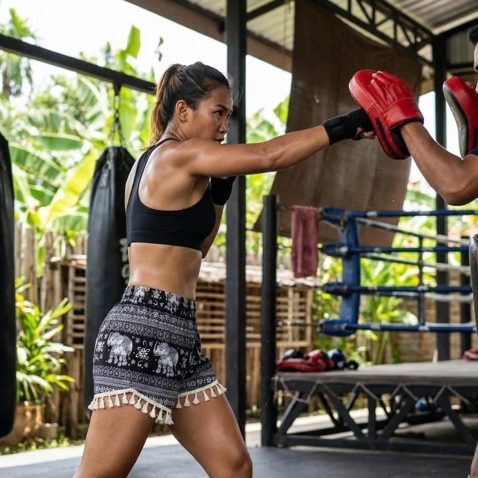 Damen Boxen Elefantenhose Muay Thai Kickboxen Shorts Trainingsdruck Elastischer Bund Schnelltrocknend Kampfsport Boxer Fitness Workout Streetwear