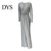 A-Linie Silhouette Cocktailkleid Damen Abend Deep V-Ausschnitt Pailletten-Dekor Lange Ärmel Elastische Taille Plissiert Hohe Absätze Kombinieren Geschlitzter Saum Uni