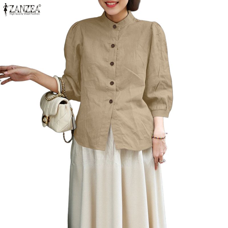 ZANZEA Blouse décontractée pour femme à col montant, ample, manches 3/4, en coton