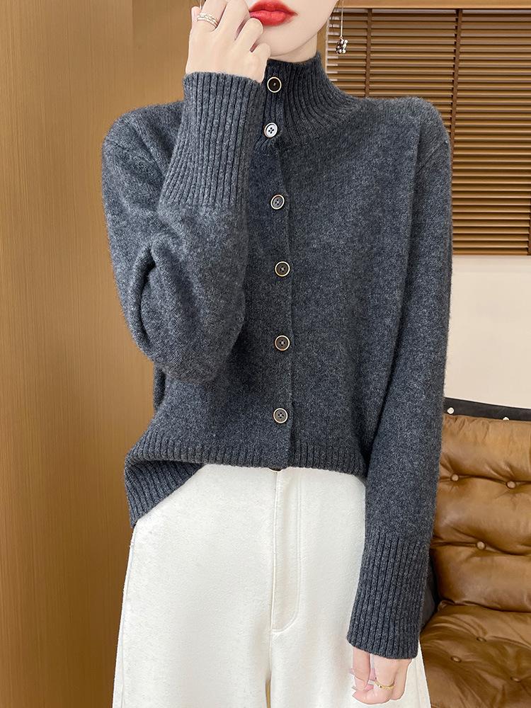 High-End Women's Stand-Up Collar Wool Cardigan Coat - Autumn/Winter Casual Knit Sweater.