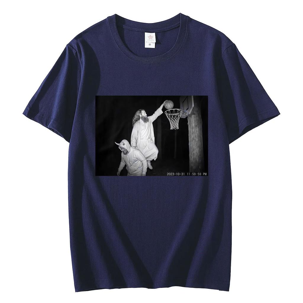 Jesus Dunking Trail Cam Funny Religious Meme Tshirt Fashion Vintage Short Sleeve T Shirts Unisex Casual Loose Cotton Tshirts