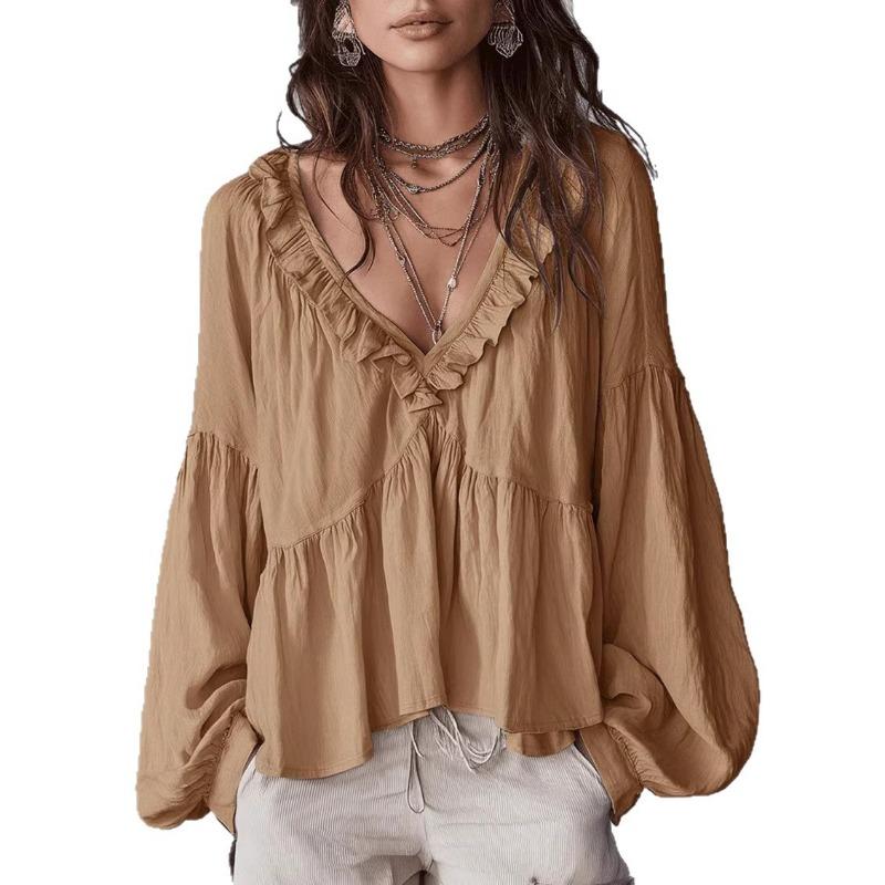 Women S Sweet Ruffled V Neck Puff Sleeve Loose Blouse For Spring Summer