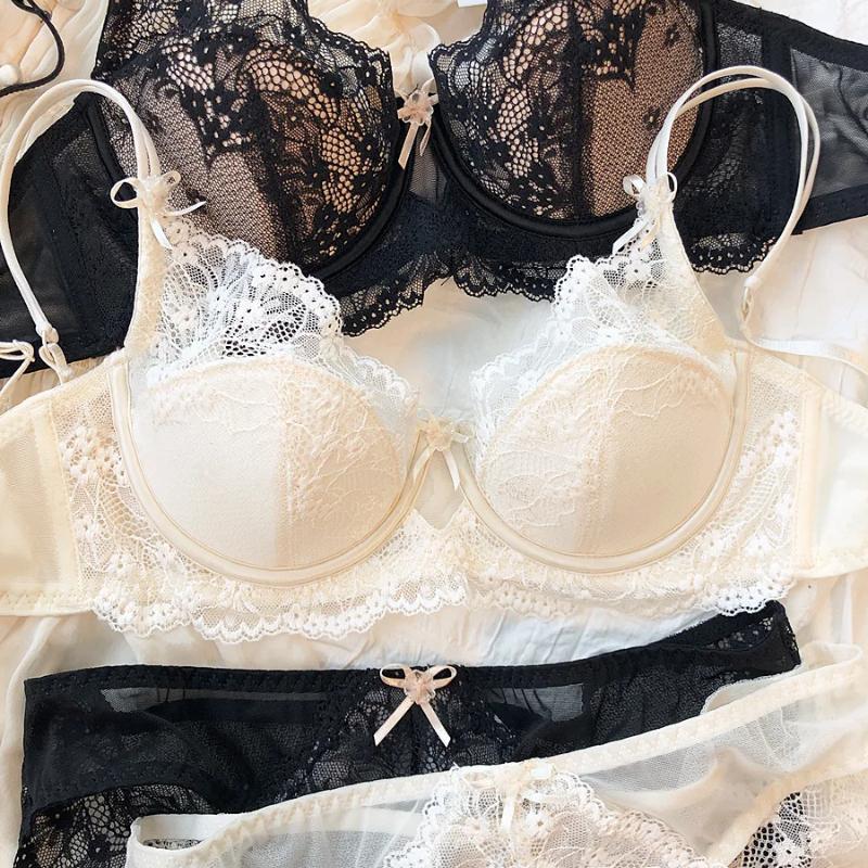 New Women Lingerie Set Sexy Lace Push Up Bra French 3/4 Thin Cup Bralette Cute Bow Decoration Underwear Comfort Bras Briefs Sets