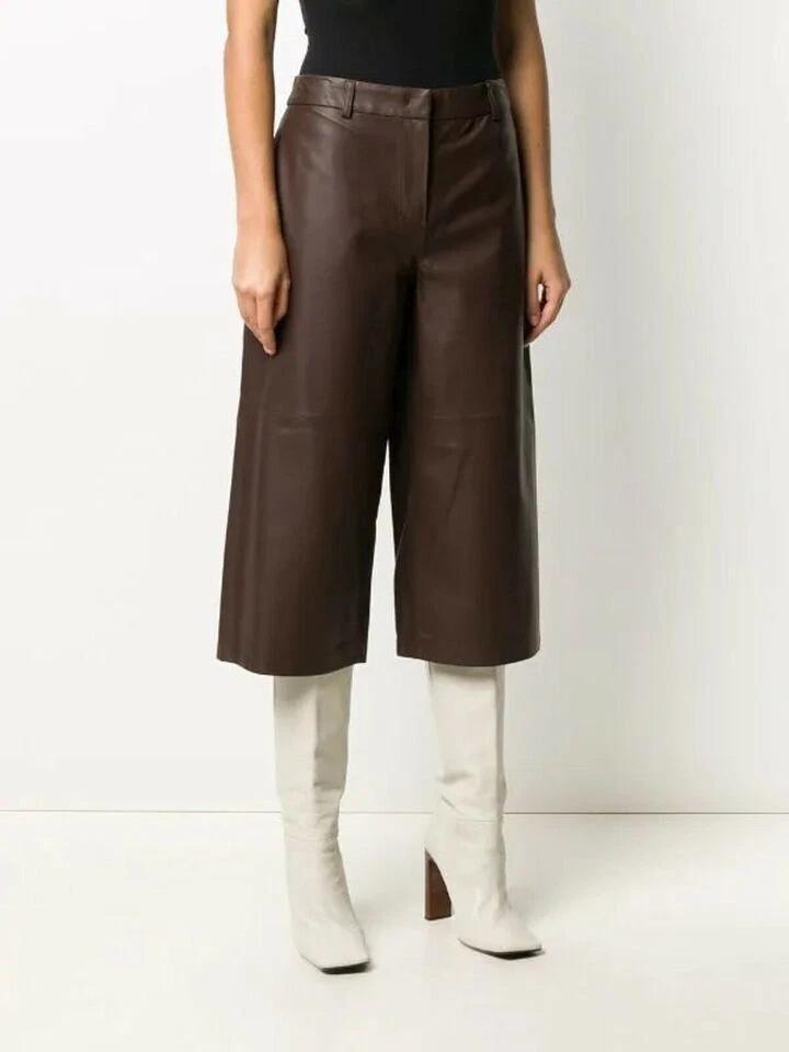 

Pant Handmade Casual Women s Genuine Lambskin Brown Leather Pants Wide Leg Short S