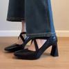 Fashion 2025 Spring and Summer New Cross Elastic Band Retro Thick Heel Mary Jane One Foot High Heels Women Singles Pointed Ballet Shoes