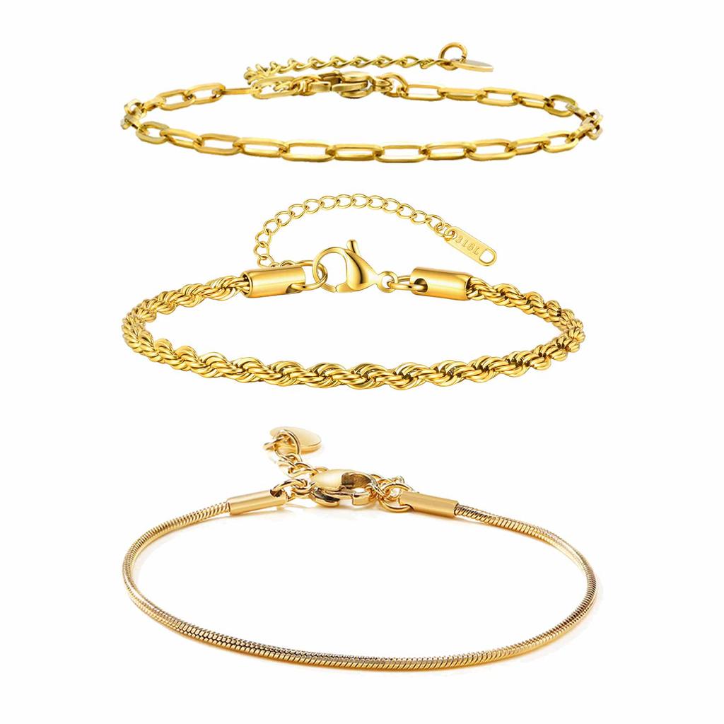 3 Stück Damen Edelstahl Dünne Kette Armband, Wasserdicht Verstellbares Verdrehtes Kette Handgelenkband Armbänder, Mode Punk Schmuck Set