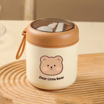Stainless Steel Lunch Bento Box with Foldable Spoon Handle Cute Bear Leakproof Food Container Thermal Cup for Hot Or Cold Food