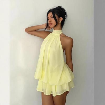 Dames Cross-Border Halter Backless Jurk met Tailleband en Pluizige Korte Rok