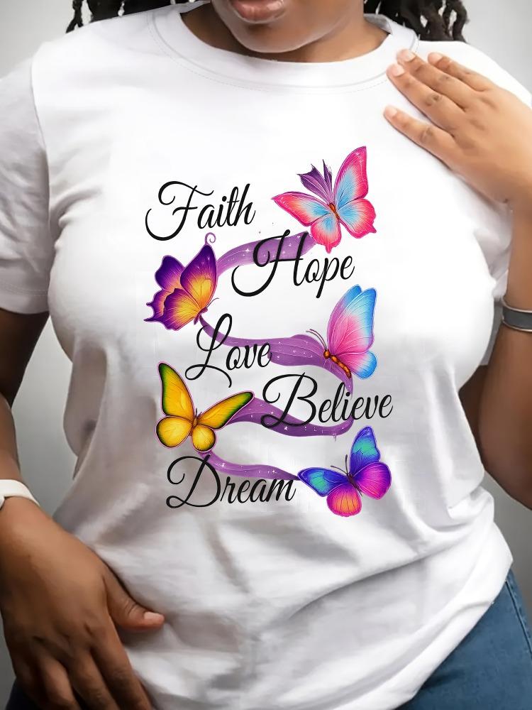 

Ladies Butterfly Printed Tshirt Casual Loose Round Neck Short Sleeve Vivid Butterfly and Flower Design Fashionable Tshirt S