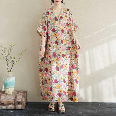 Real Shot Summer Color Vacation Style Travel  Retro Long Dress Covering Meat Cotton and Linen Dress