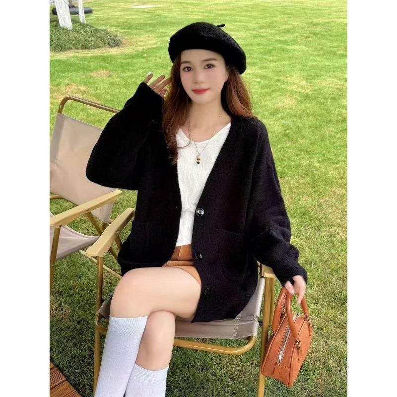 Lazy Wind Loose V-neck Knitted Cardigan Autumn and Winter Solid Color Versatile Cardigan Age-reducing Soft Sweater Jacket Women