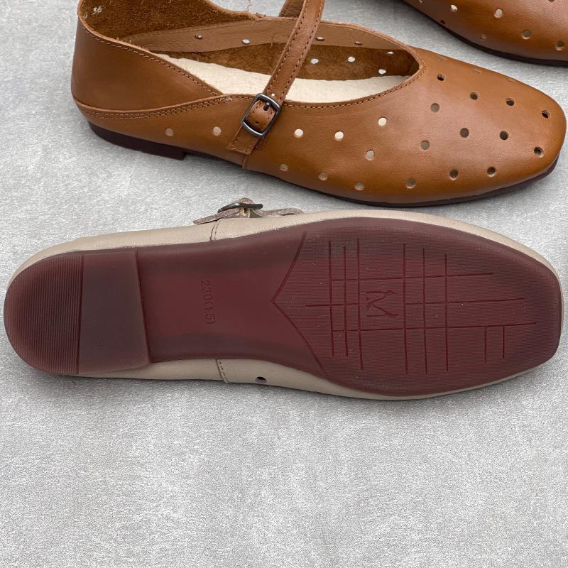 Johnature Hollow Out Breathable Genuine Leather Flat Sandals Casual Versatile Soft Soled Women's Shoes