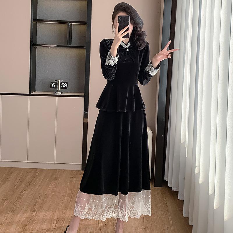 

Комплект из бархатного кружевного топа и юбки миди в корейском стиле Extra Large