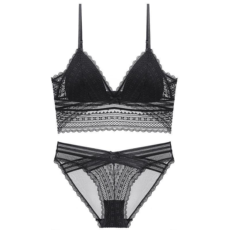 Sexy Spitzen-Bügelloses BH-Set mit tiefem Rücken, dünnen Baumwoll-Push-Up-Polstern und Schmetterlingsknoten-Design