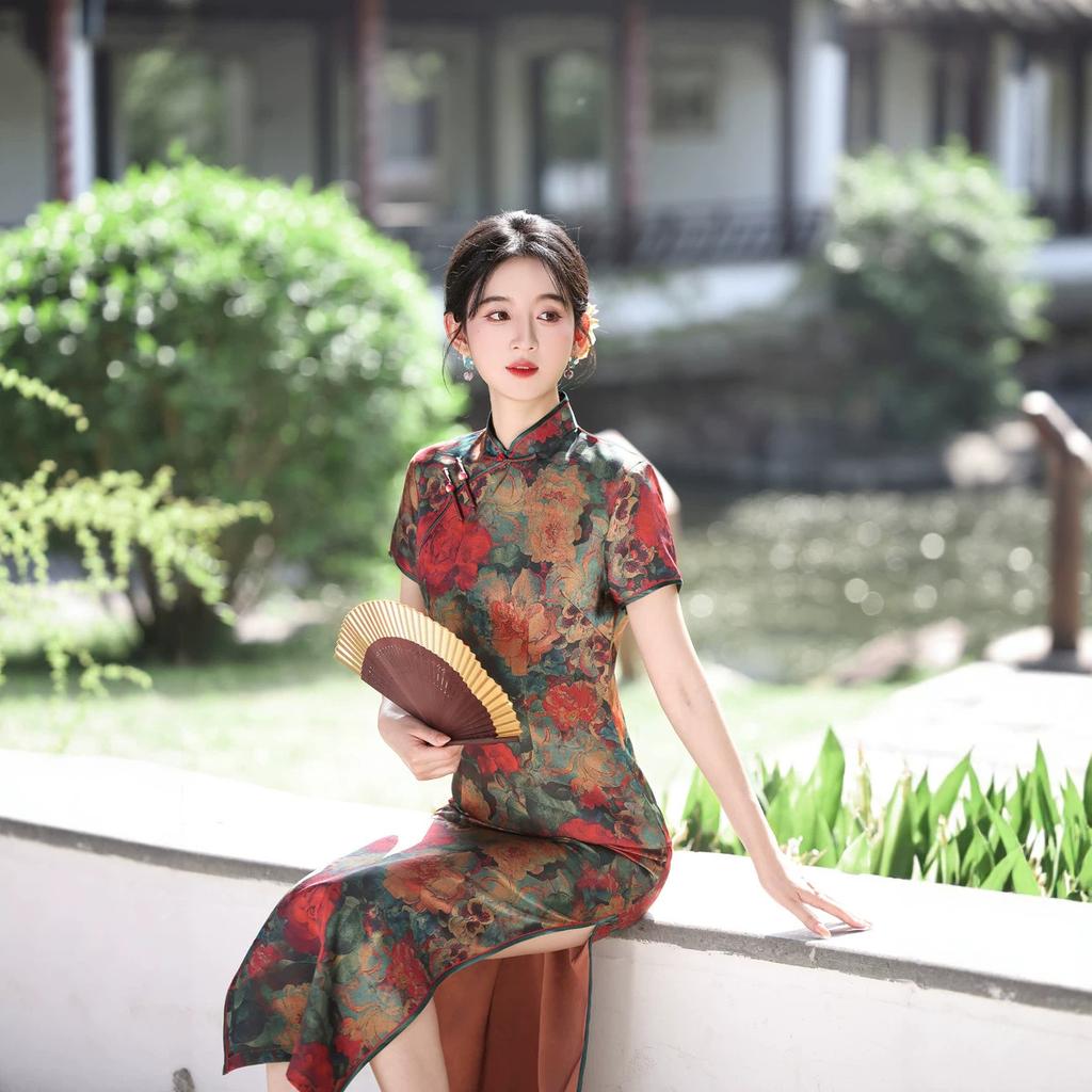 1011 national style spring and summer new cheongsam dress temperament double-sided satin slim dress performance clothes